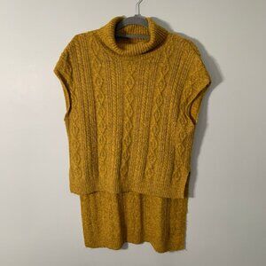Kerisma Cable Knit Sweater Vest Women M/L Mustard Yellow Turtleneck High Low Hem